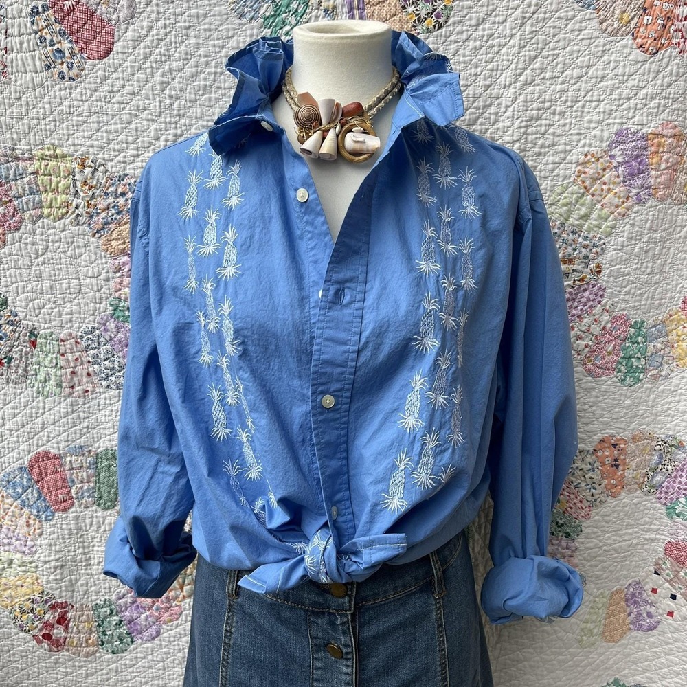 Upcycled GAP Cadet Blue w/ White Embroidered Pineapples Ruffle Collar Shirt L